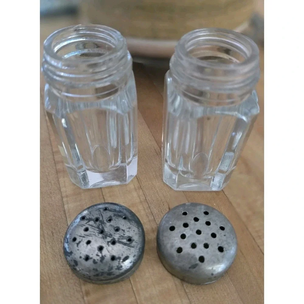VTG Paneled Glass Salt and Pepper Shakers with Patina Metal Lids Set of 2
